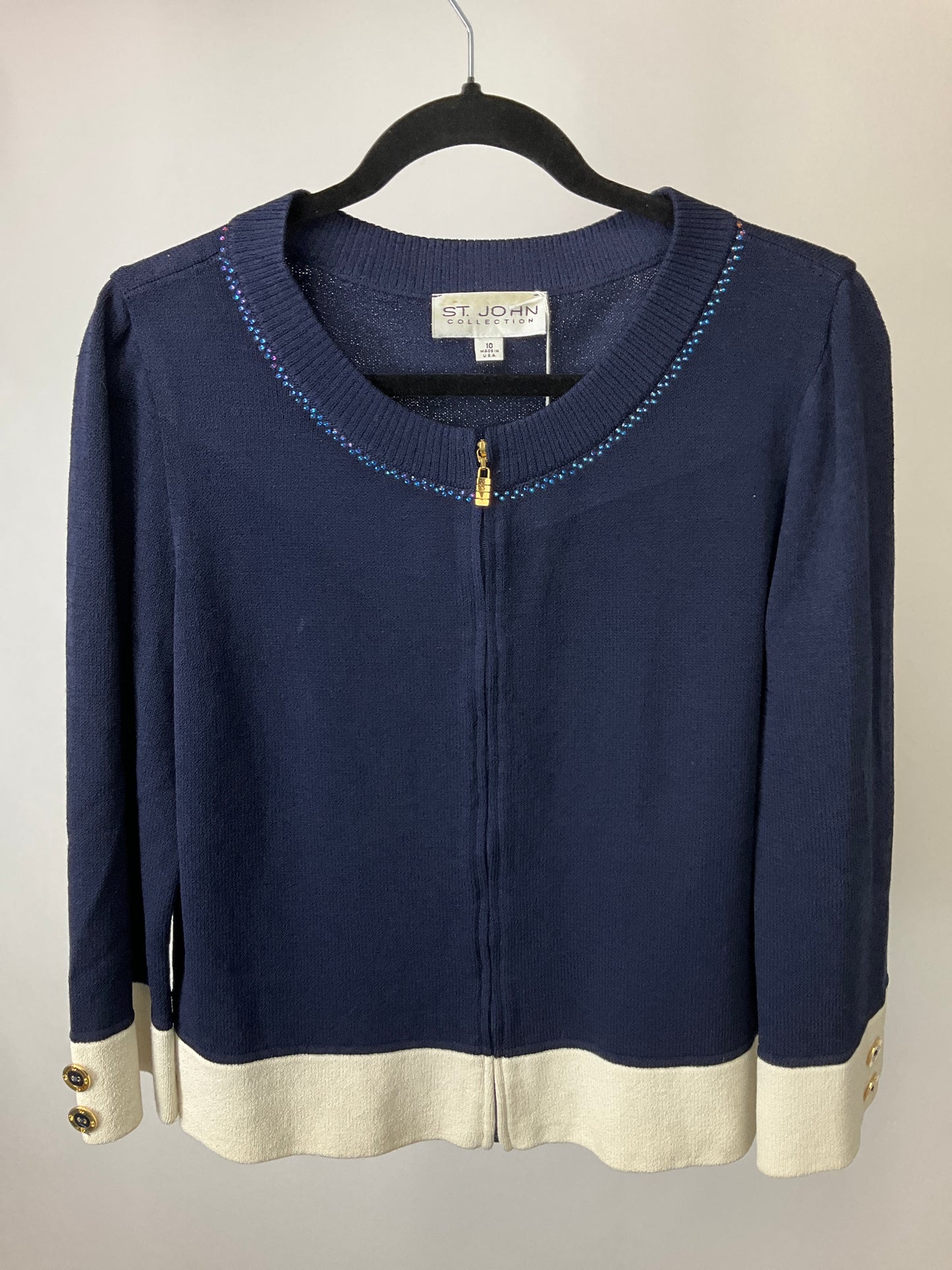 ST JOHN BLUE/WHITE CARDIGAN WITH RHINESTONES SZ 10