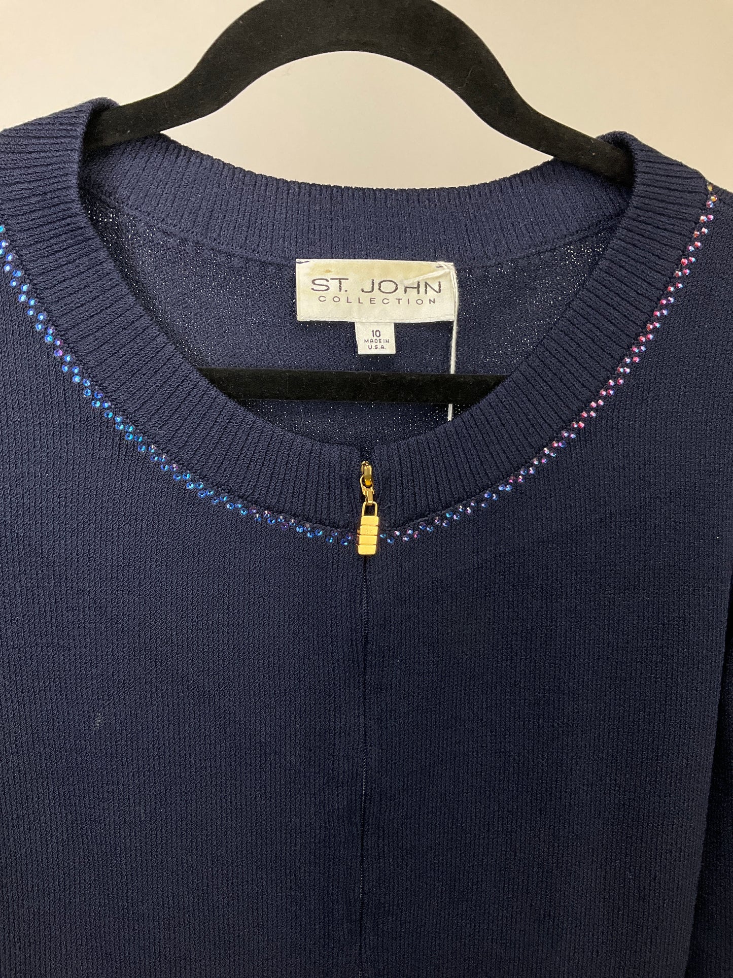 ST JOHN BLUE/WHITE CARDIGAN WITH RHINESTONES SZ 10