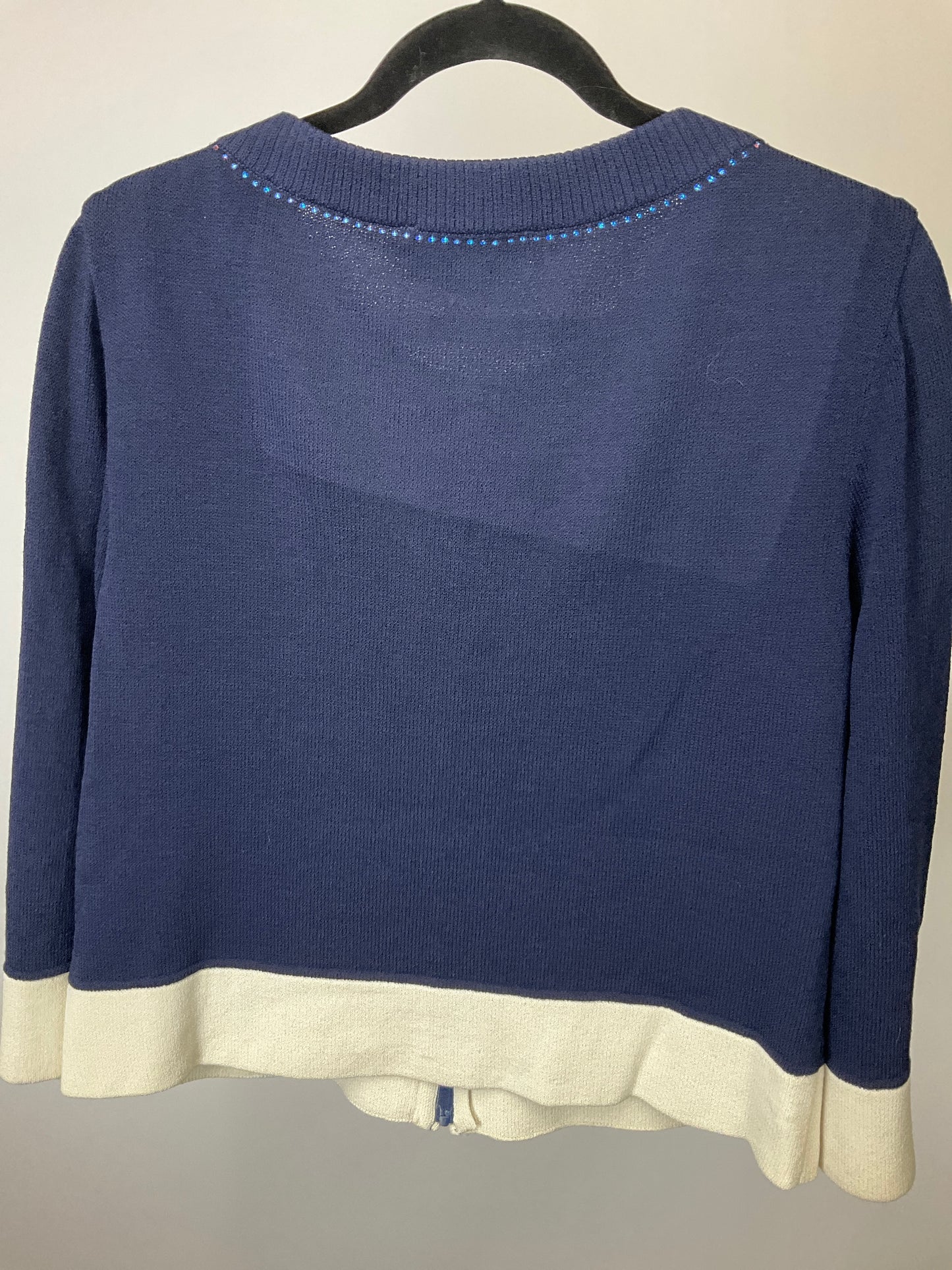 ST JOHN BLUE/WHITE CARDIGAN WITH RHINESTONES SZ 10