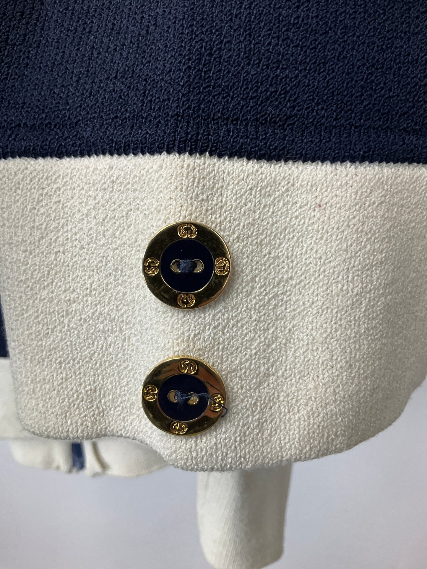 ST JOHN BLUE/WHITE CARDIGAN WITH RHINESTONES SZ 10