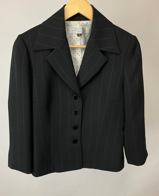 TAHARI BLACK PINSTRIPE SKIRT SUIT SZ 8P