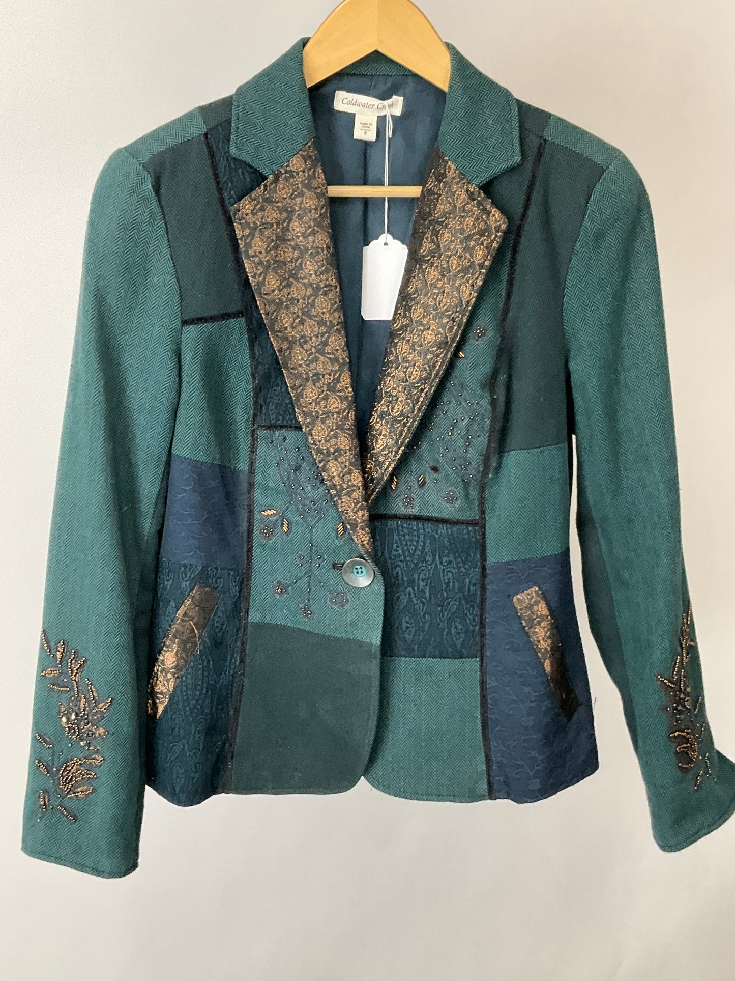 COLDWATER CREEK TEAL PATCHWORK BLAZER SZ 8