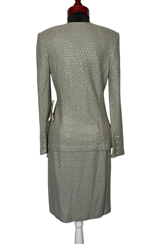 ST JOHN EVENING CELADON LIGHT GREEN SKIRT SUIT PAILLETTES NWT