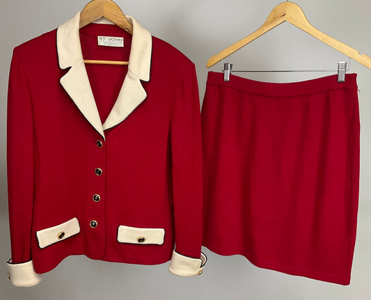 ST JOHN COLLECTION RED CREAM SKIRT SUIT SZ 12-14