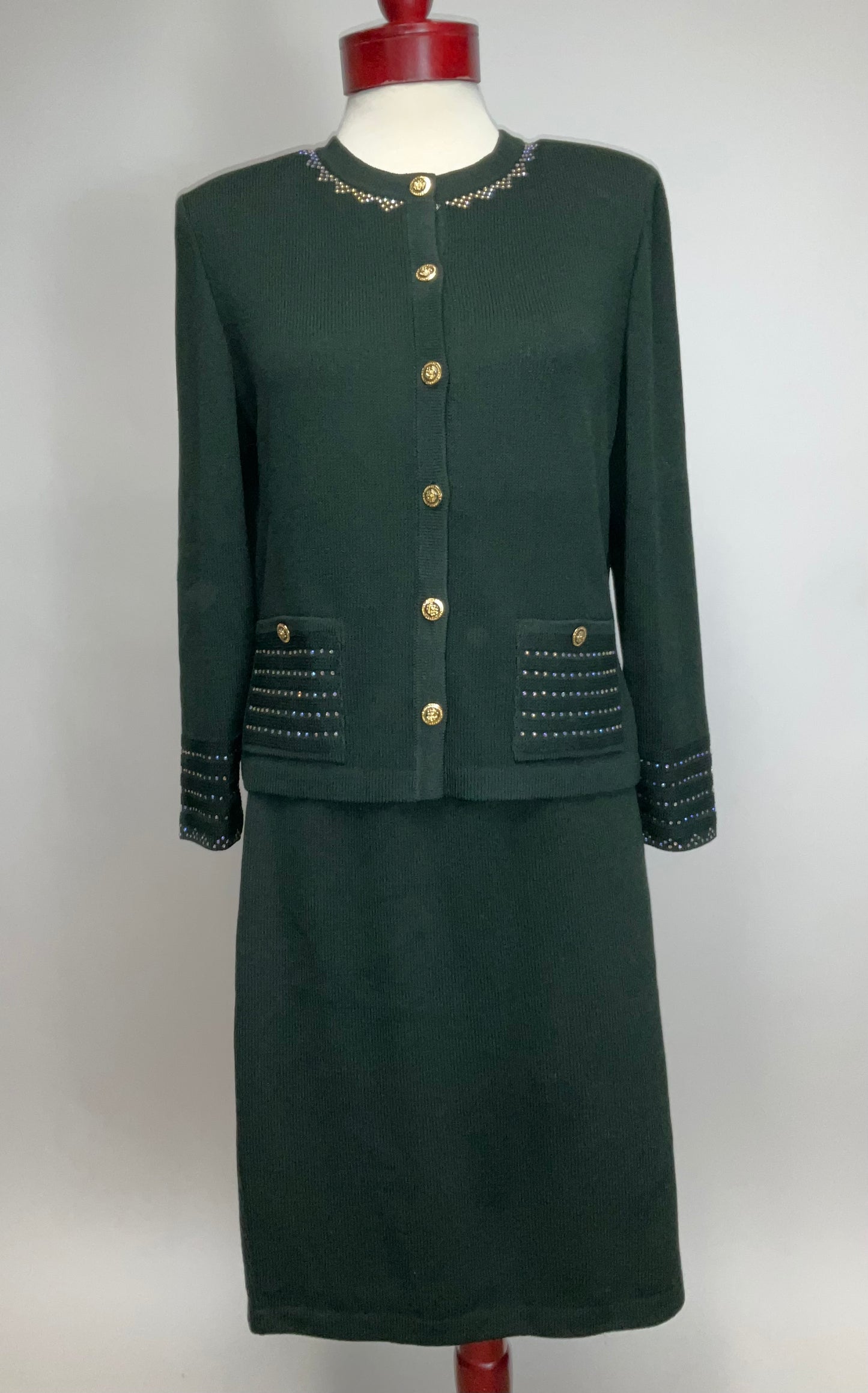 ST JOHN COLLECTION HUNTER GREEN SKIRT SUIT SZ 10