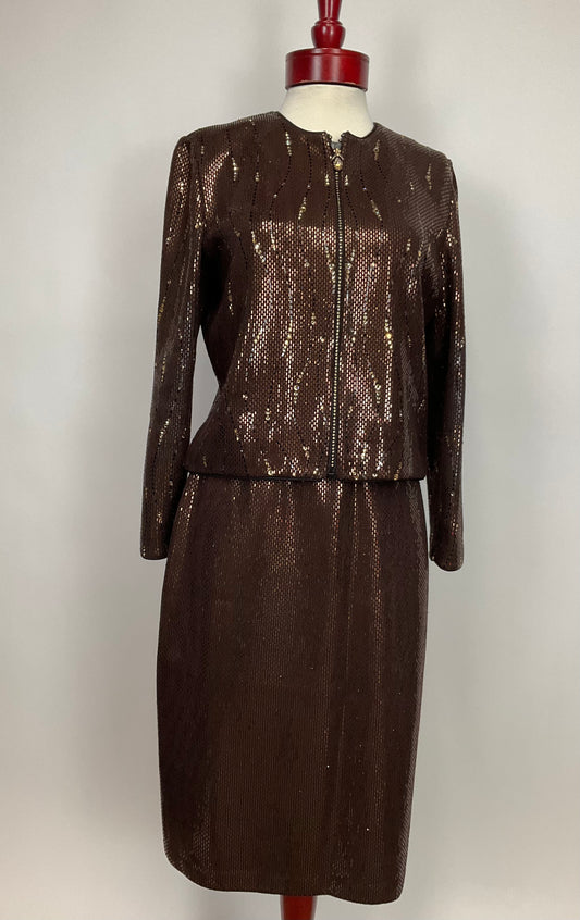 ST JOHN COUTURE BROWN KNIT SKIRT SUIT SZ 6