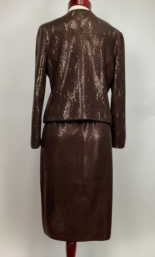 ST JOHN COUTURE BROWN KNIT SKIRT SUIT SZ 6