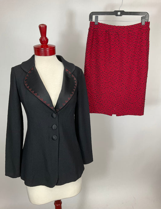 ST JOHN ESSENTIALS BLACK RED SKIRT SUIT SZ 8