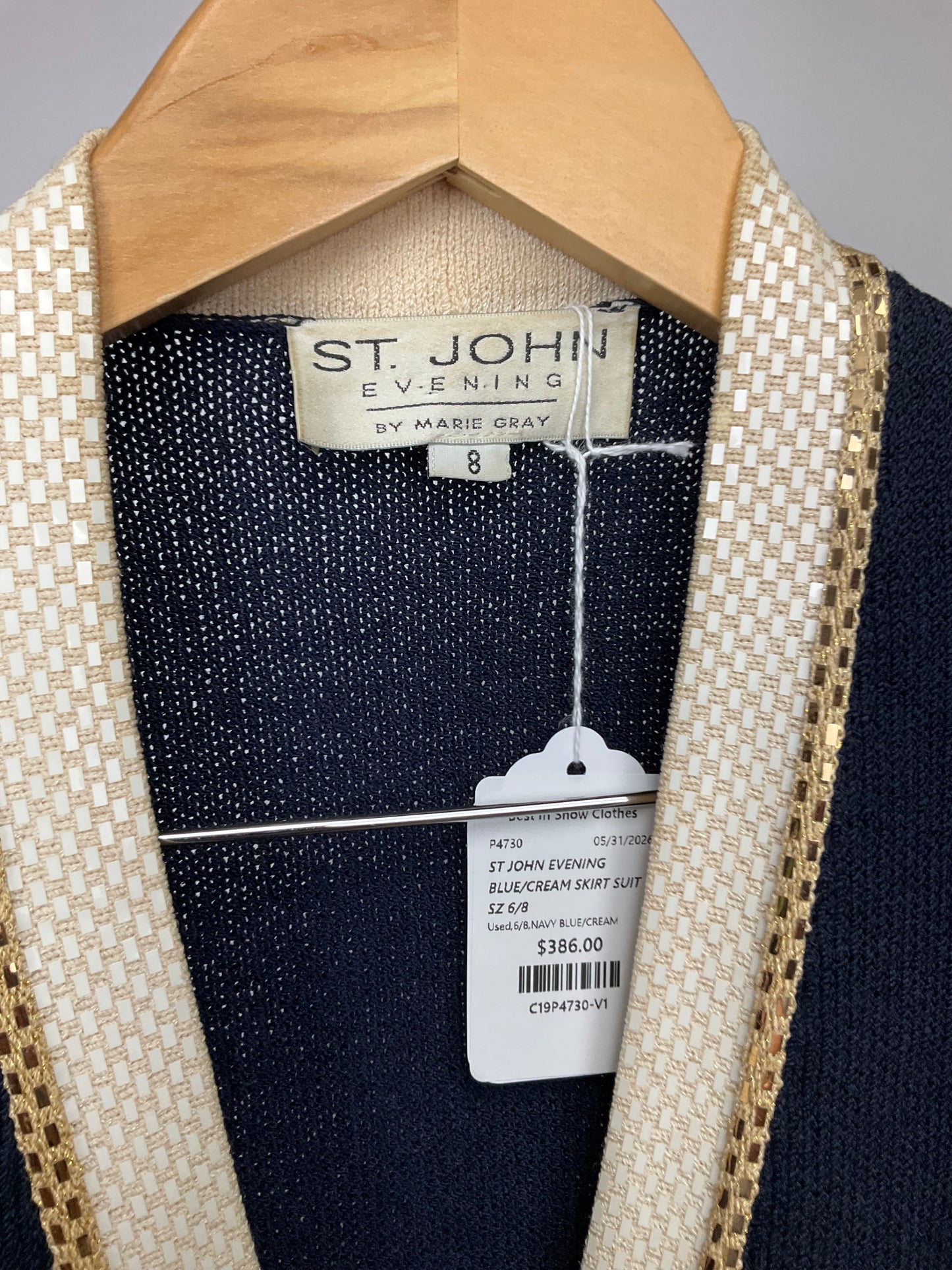ST JOHN EVENING BLUE/CREAM SKIRT SUIT SZ 6/8