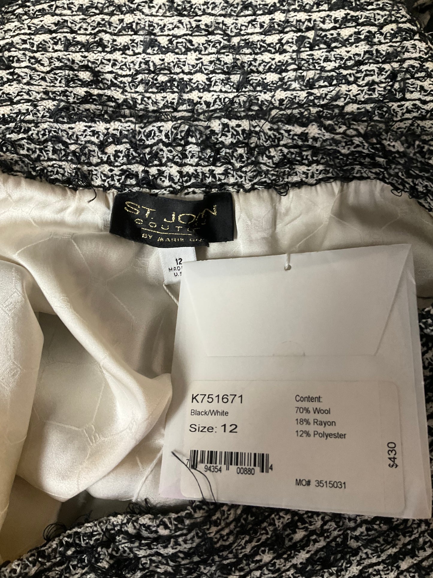 ST JOHN COURTURE WHITE/BLACK SKIRT SZ 12