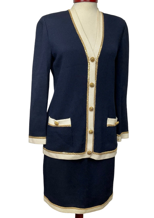 ST JOHN EVENING BLUE/CREAM SKIRT SUIT SZ 6/8