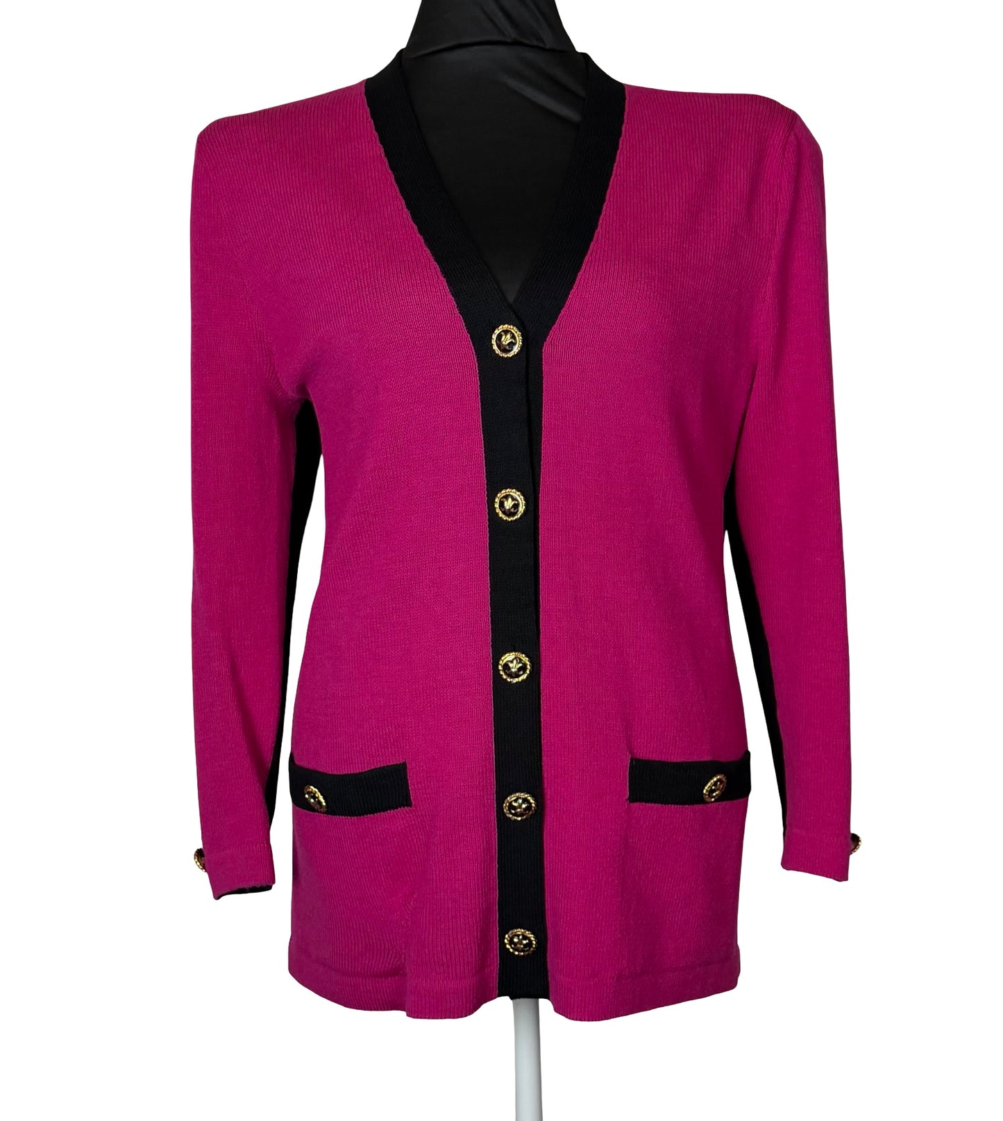 ST JOHN COLLECTION PINK AND BLACK LONG KNIT CARDIGAN SZ 8