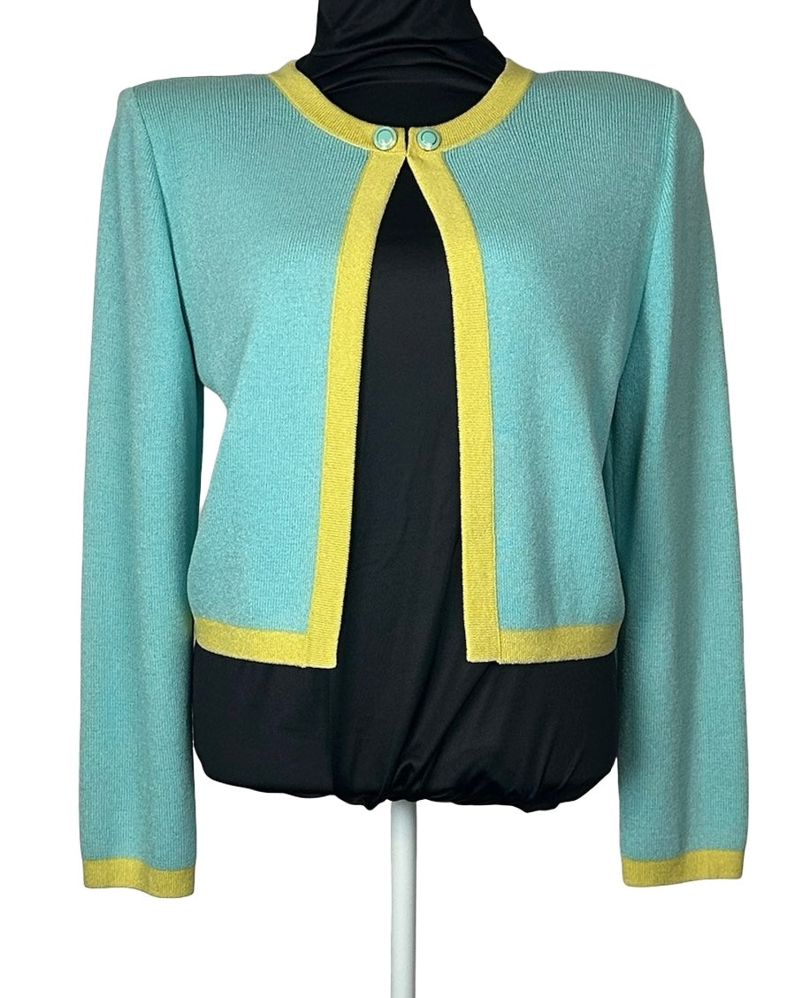 ST JOHN COLLECTION TURQUOISE/YELLOW CARDIGAN SZ 12
