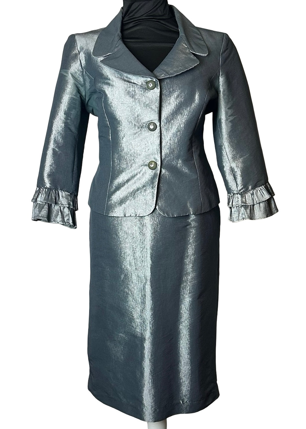NICOLETTE LIGHT SILVERY BLUE SATIN SKIRT SUIT SZ 14