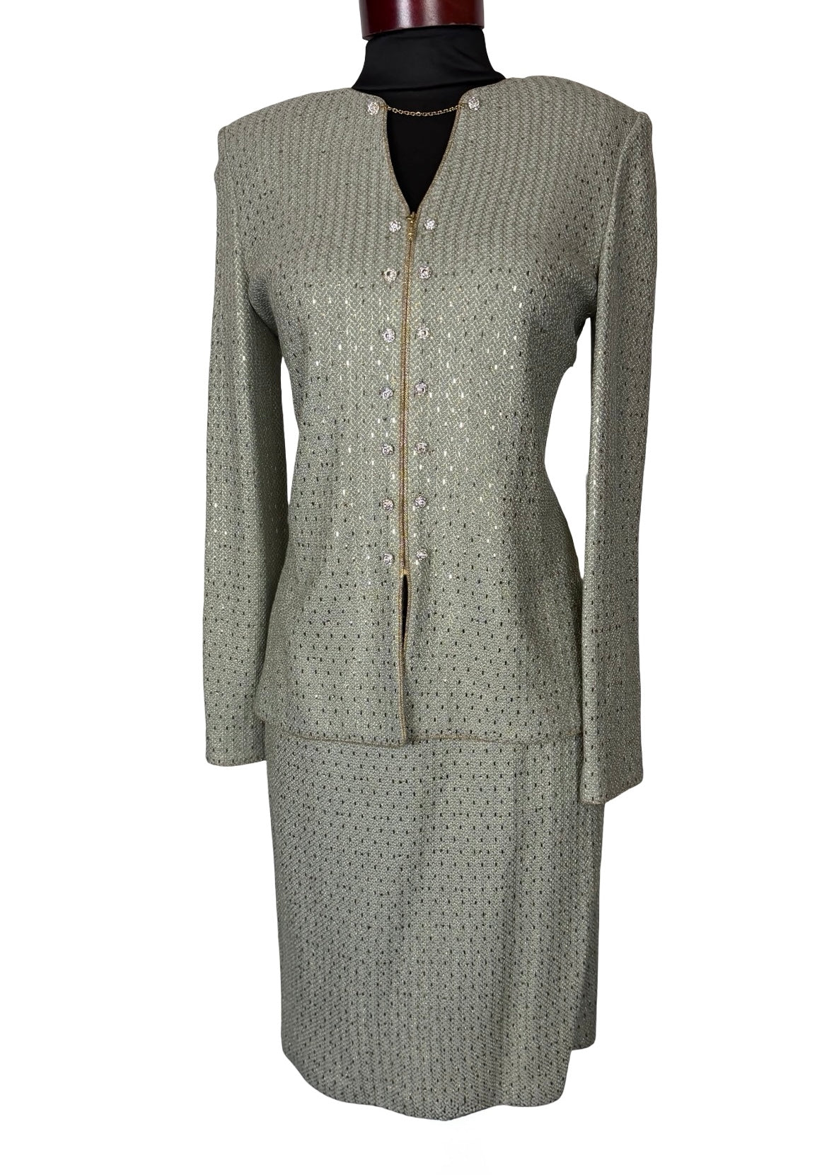 ST JOHN EVENING CELADON LIGHT GREEN SKIRT SUIT PAILLETTES NWT