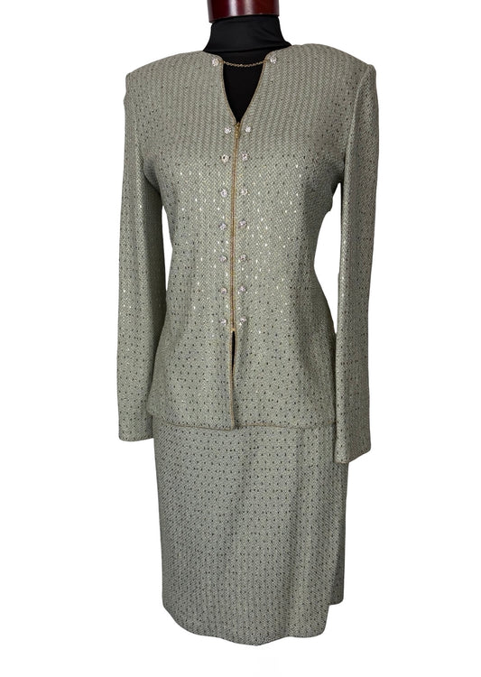 ST JOHN EVENING CELADON LIGHT GREEN SKIRT SUIT PAILLETTES NWT