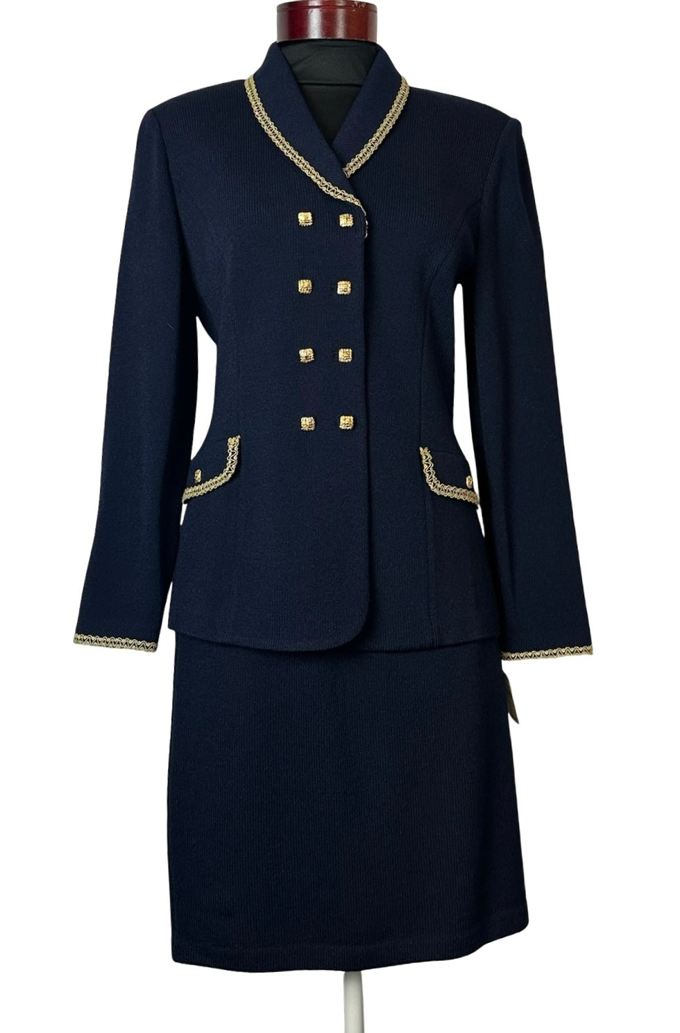 ST JOHN NAVY WITH GOLD TRIM SKIRT SUIT