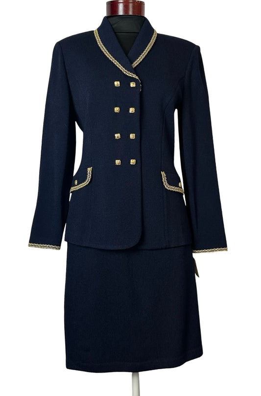 ST JOHN NAVY WITH GOLD TRIM SKIRT SUIT