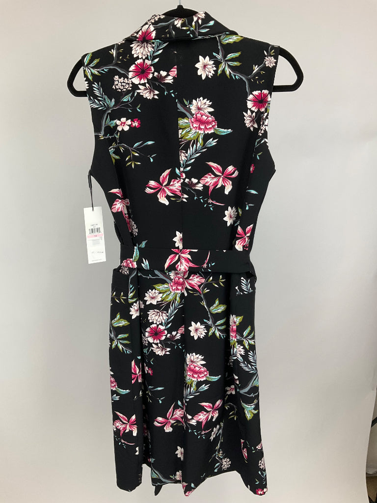 calvin klein black floral dress CALVIN KLEIN Womens Black Ruffled Sheer Zippered Lined Floral Long Sleeve Jewel Neck Knee Length Cocktail Shift Dress Plus 18W